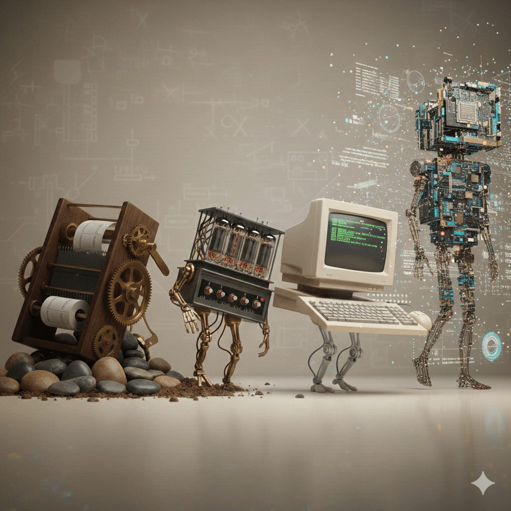An evolution of computing: from a mechanical gear-based machine with paper rolls, to a vacuum tube robot, followed by a classic CRT computer on mechanical legs, and finally a futuristic humanoid robot constructed from circuit boards and digital particles. -- Nana Banana Pro
